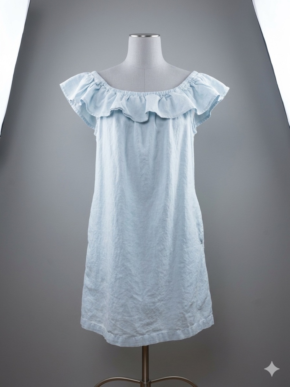 28 PALMS Linen Blend Off Shoulder Ruffle Dress Light Blue Pockets L
